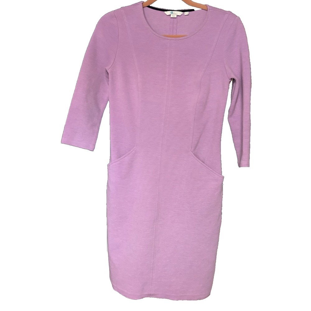 BODEN Ribbed Dress US 2R Purple Pockets 3/4 Sleeve Casual Sheath Knee Length